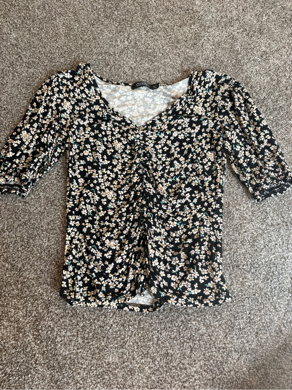 Black Floral Ruched V-Neck Top